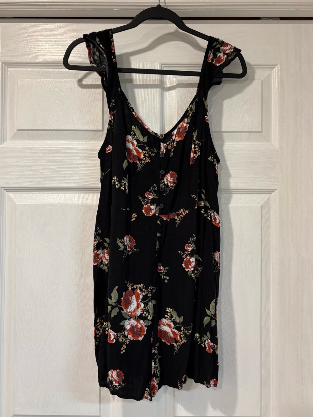 Black Floral Romper with Red Rose Print - Sleeveless V-Neck